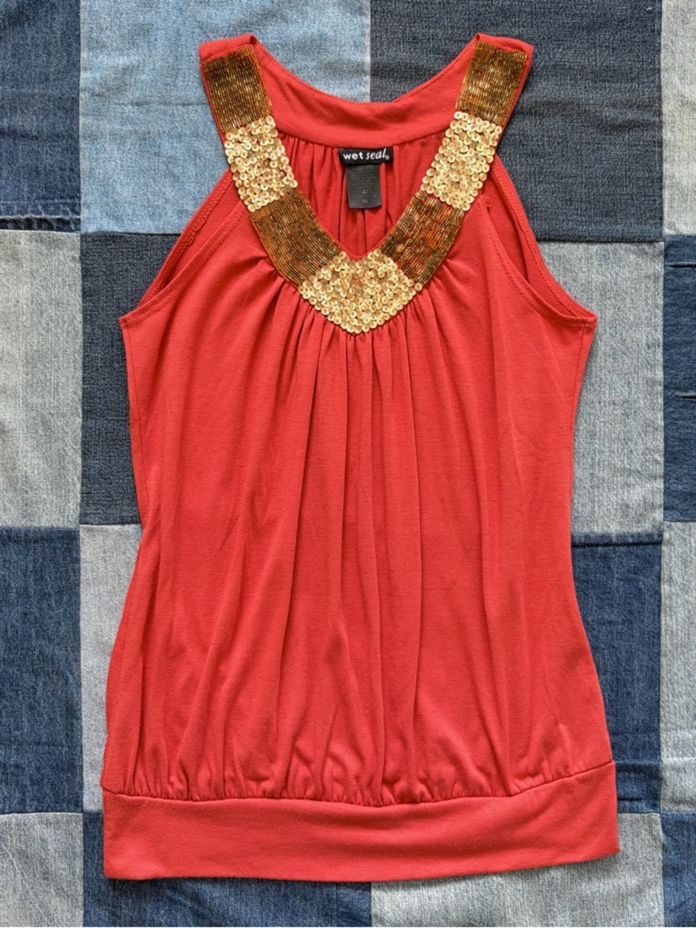 y2k wet seal beaded sequined v neck top orange gold glam embellished size M vtg